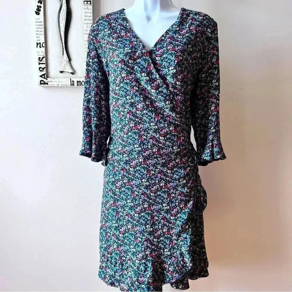LOFT Black Floral Print Rayon Wrap Romper Dress Size L - Picture 1 of 13